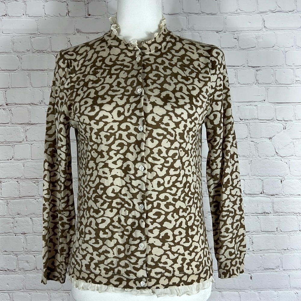 J Crew 100% Merino Wool Leopard Print Ruffle Neck and Hemline Cardigan Medium